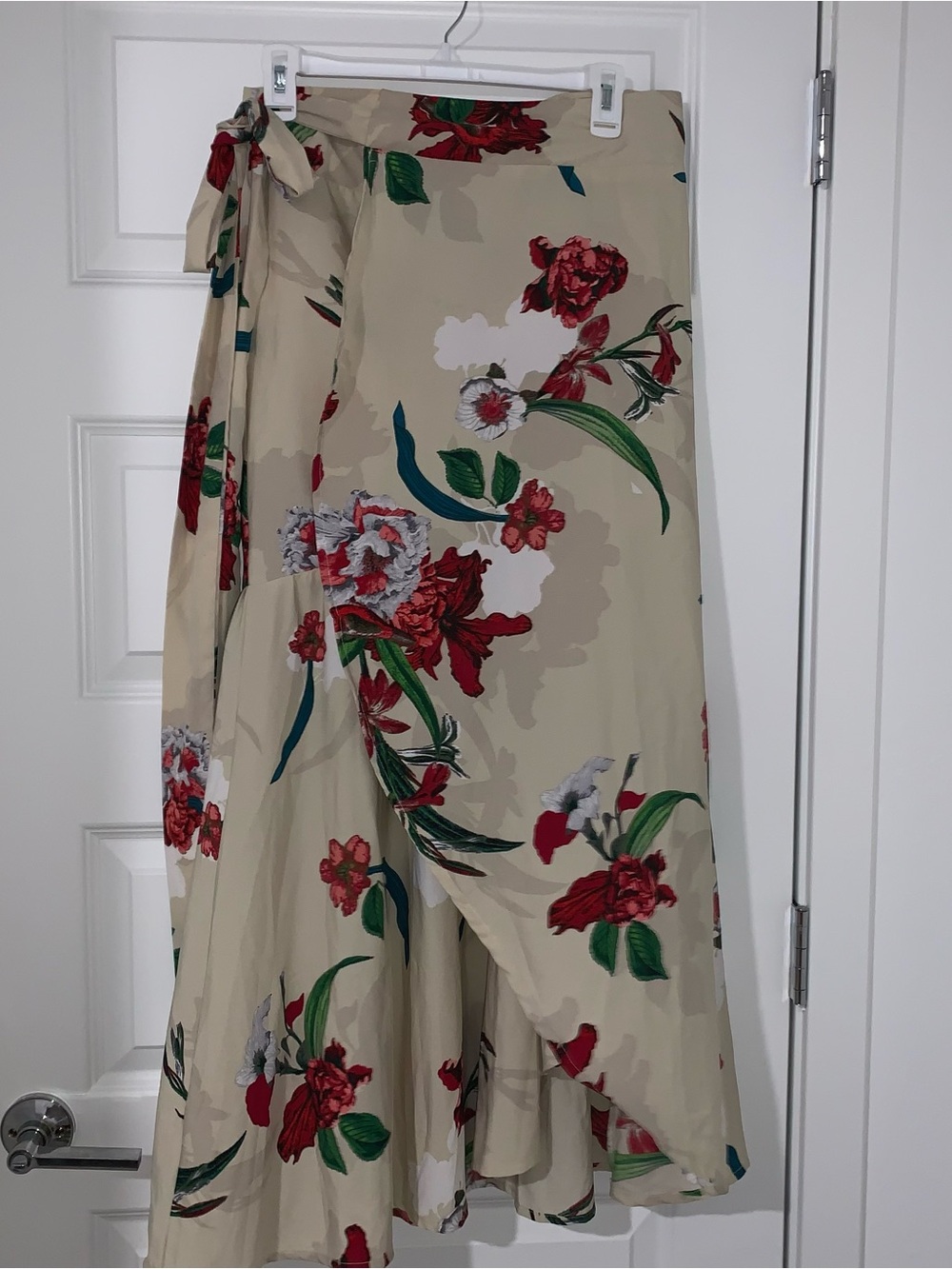 Floral Wrap Skirt in Beige with Red & Green